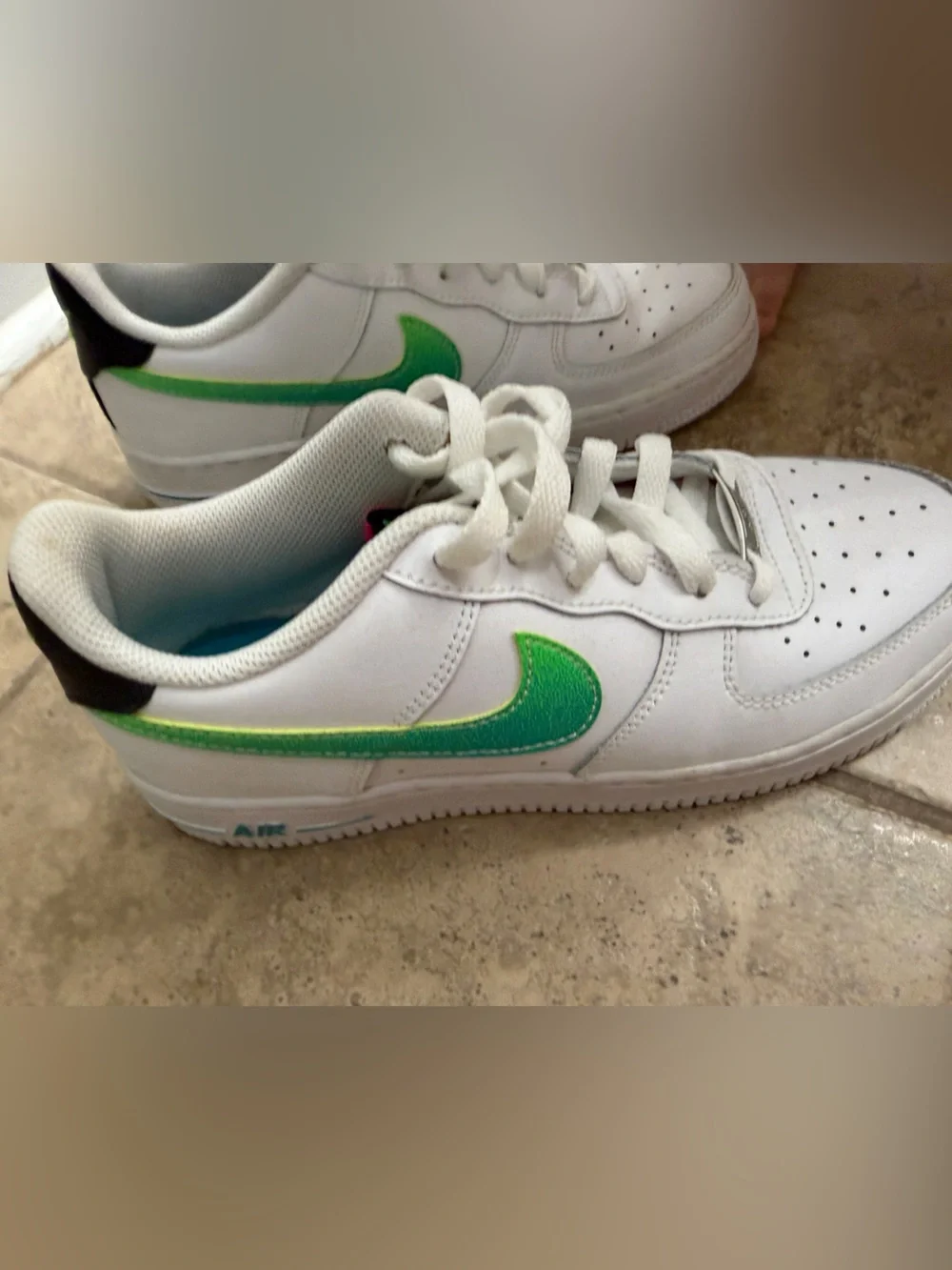 Nike White Sneakers with Green Iridescent Swoosh